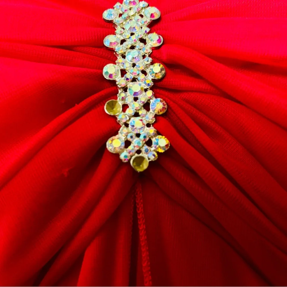 Vintage Y2K Cherry Red Maxi Halter Dress with Rhinestone Accents, Formal Gown - Picture 5 of 7